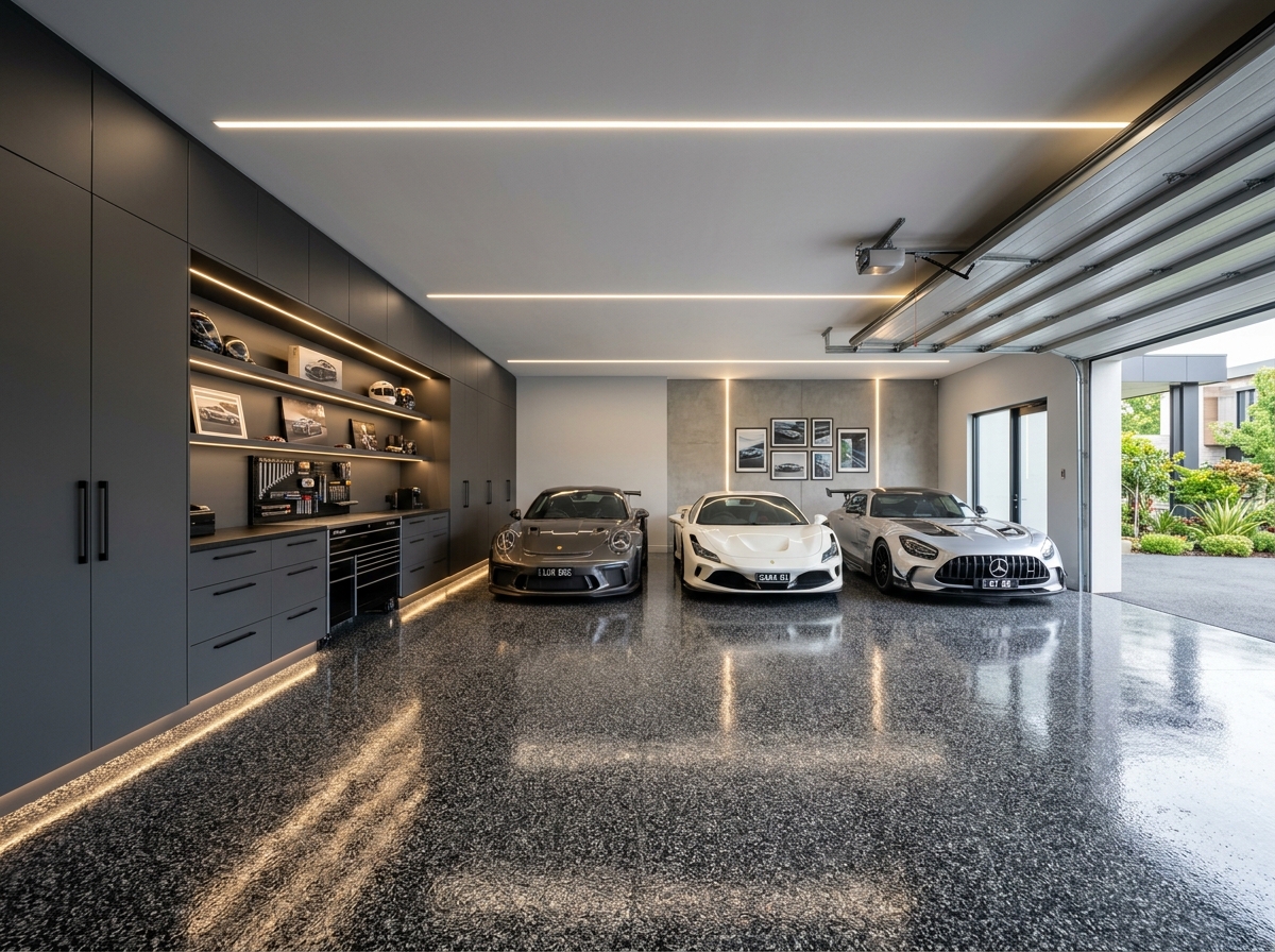 Garage Epoxy Flooring and Cabinetry